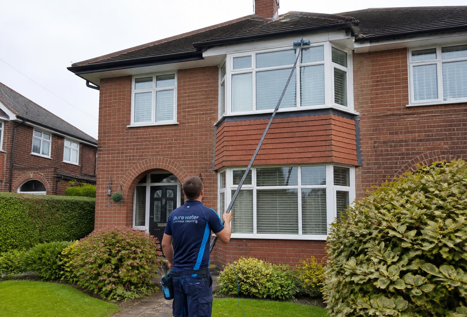 Glass Guys window cleaner using a water-fed pole on a British semi-detached house